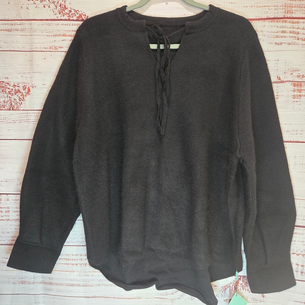 Black Lace Up Split Neck Oversized Heavy Knit Sweater Women's Medium NEW w Tag!!